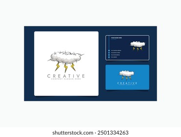 Overcast weather. Dark gray cloud with lightning and thunderstorm, it's raining, cartoon vector illustration with business card.