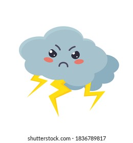 Overcast weather. A gray cloud with lightning is angry. Cartoon thundercloud. Isolated vector illustration