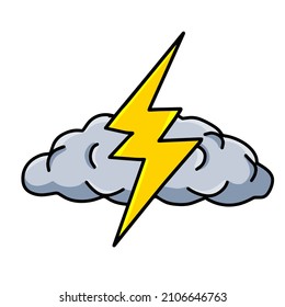 Overcast weather. Gray cloud with lightning. Cartoon thundercloud. Isolated vector illustration