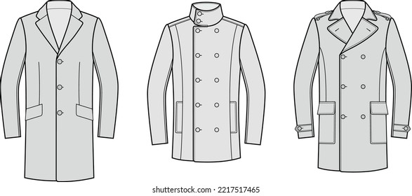 Overcoat set flat sketch. Coat apparel design. Front view. Outerwear men CAD mockup. Fashion technical drawing template. Vector illustration.