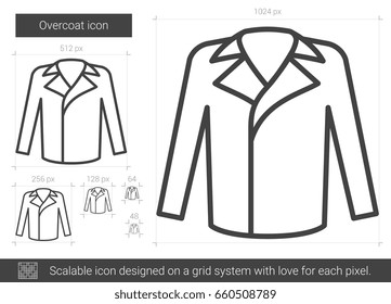 Vektorsymbol mit Überzug, einzeln auf weißem Hintergrund. Overcoat-Zeilensymbol für Infografik, Website oder App. Skalierbares Symbol, das auf einem Gittersystem entworfen wurde.