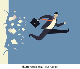 Overcome barrier. Businessman breaking the wall. Business concepts in vector.