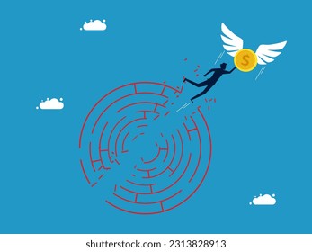 Overcome barriers with capital. man flying with a coin through a maze