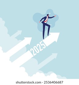 Overcome business difficulties concept, ambitious businessman riding 2025 arrow going up. New year resolution or success opportunity, change to new innovation business