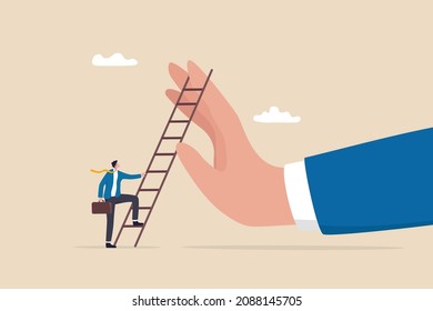 Overcome business obstacle, barrier or difficulty, challenge to solve business problem and see opportunity concept, ambitious businessman about to climb up ladder to overcome giant hand stopping him.