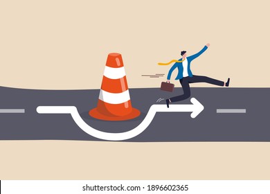 Overcome Business Obstacle, Blocker, Effort To Break Through Road Block, Solution To Solve Business Problem Concept, Smart Bravery Businessman Run The Way Around And Jump Pass Traffic Pylon Roadblock.