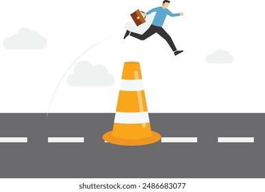 Overcome business obstacle, blocker, effort to break through road block, solution to solve business problem concept, smart bravery businessman run the way around and jump pass traffic pylon roadblock.