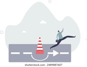 Overcome business obstacle, blocker, effort to break through road block, solution to solve business problem concept.flat design.illustration with people.