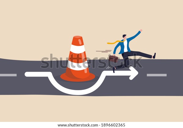 Overcome business obstacle, blocker, effort to\
break through road block, solution to solve business problem\
concept, smart bravery businessman run the way around and jump pass\
traffic pylon\
roadblock.
