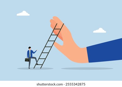 Overcome business obstacle, businessman ready to ascend ladder to defeat massive hand hindering him. 