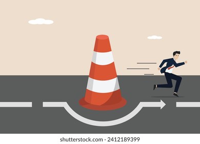 Overcome business obstacle, effort to break through road block, solution to solve business problem concept, smart bravery businessman run the way around and jump pass traffic pylon roadblock.