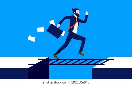 Overcome business obstacle fast - Businessman running over ladder bridging a gap. Quick solutions and problem solving concept. Vector illustration.