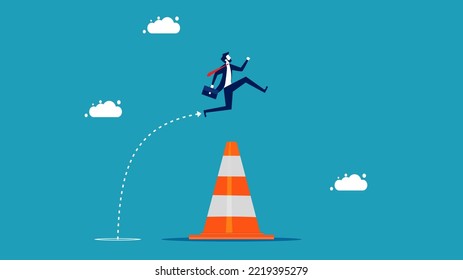 Overcome Business Obstacles. Businessman Jumping Over A Roadblock