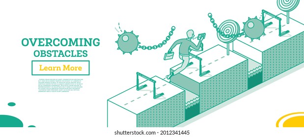 Superar los obstáculos comerciales. Empresario salta sobre el huracán y los odoros de las bolas de agua que se balancean. Concepto de contorno isométrico. Ilustración vectorial. Barrera en camino al éxito.