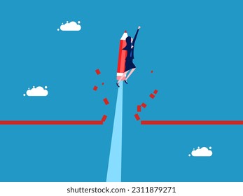 Overcome business obstacles. Businesswoman flies with a pencil breaking the line