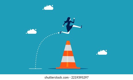 Overcome Business Obstacles. Businesswoman Jumping Over A Roadblock