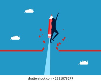 Overcome business obstacles. man flies with a pencil breaking the line