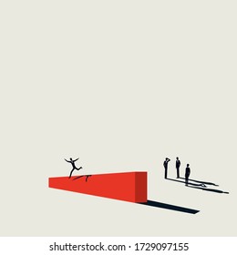 Overcome challenge and obstacle business vector concept. Successful businessman jumps over barrier. Symbol of new opportunity, solution, achievement. Eps10 illustration.