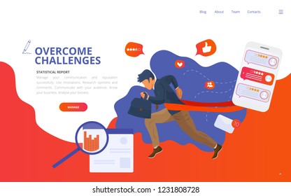 Overcome challenge vector illustration: businessmen with ambitious goals overcoming obstacles and got winning results.
