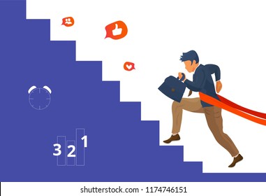 Overcome challenge vector illustration: resilient businessmen with ambitious goals climbing career stairs overcoming obstacles. Resilience achievement concept.