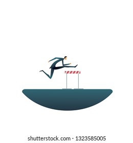 Overcome challenges in business vector concept. Businessman jumping over hurdles or obstacles. Symbol of determination, aspiration, ambition, motivation and success. Eps10 vector illustration.