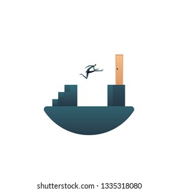 Overcome challenges business vector concept with businessman jumping over gap to door. Symbol of motivation, ambition, achievement, creative solutions and success. Eps10 vector illustration.