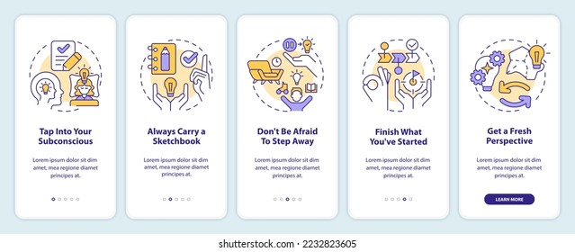 Overcome creative block tips onboarding mobile app screen. Walkthrough 5 steps editable graphic instructions with linear concepts. UI, UX, GUI template. Myriad Pro-Bold, Regular fonts used