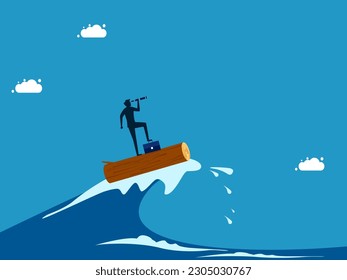 Overcome crises with effort and vision. man surfing sea waves with stick