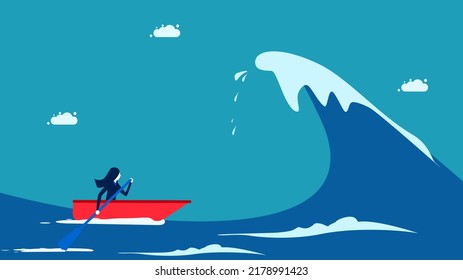Overcome the crisis. Female business leaders overcome the ocean waves. vector