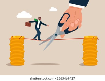 Overcome difficulty. Acrobat businessman walks from one stack of coins to another along a tight rope, meanwhile a giant hand with scissors is cutting the rope. Flat vector illustration