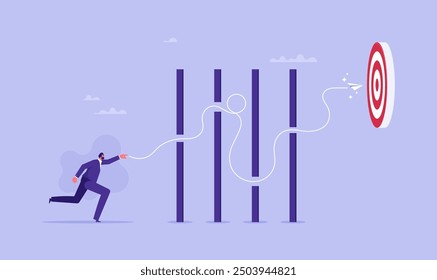 Overcome difficulty or challenge to success concept, obstacle or problem to solve and achieve target, businessman throwing paper plane fly through obstacle to reach target