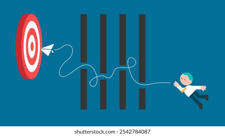 Overcome difficulty or challenge to success concept, obstacle or problem to solve and achieve target, businessman throwing paper plane fly through obstacle to reach target