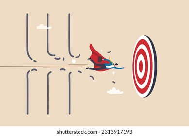 Overcome difficulty or challenge to success, obstacle or problem to solve and achieve target, determination or breakthrough barrier concept, businessman superhero fly through obstacle to reach target.