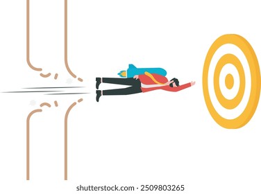 Overcome difficulty or challenge to success, obstacle or problem to solve and achieve target, determination or breakthrough barrier concept, businessman superhero fly through obstacle to reach target.