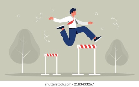 Überwindung des Schwierigkeitskonzepts. Der Mensch springt über Barrieren. Der harte Arbeiter oder Geschäftsmann erreicht Ziele. Motivation und Führung, erfolgreicher Unternehmer. Cartoon-Flavektor-Vektorgrafik