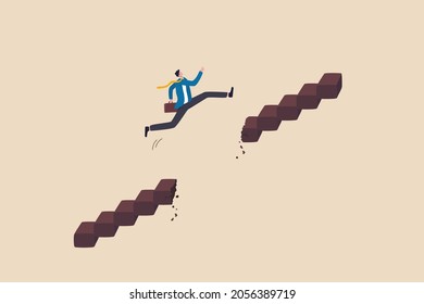 Overcome difficulty or obstacle to grow career path, challenge and risk to success and win business competition concept, ambitious businessman jump pass broken stair gap to reach target.