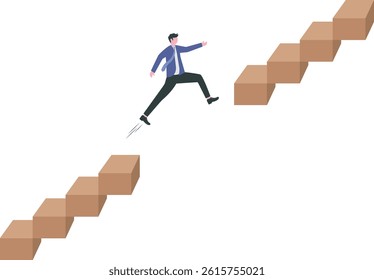 Overcome difficulty or obstacle to grow career path, challenge and risk to success and win business competition concept, ambitious businessman jump pass broken stair gap to reach target.

