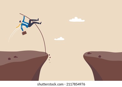 Overcome difficulty to reach business success, challenge or determination for leader, solution or skill to achieve target concept, confidence businessman pole vault jumping cross over cliff gap.