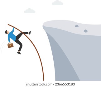 Overcome difficulty to reach business success, Challenge or determination for leader, Solution or skill to achieve target, Pole vault jumping cross over cliff gap

