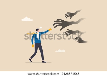 Overcome fear challenge difficulty, courage to fight back win over obstacle or difficulty, confrontation or confidence to defeat fear concept, businessman with boxing glove fighting fear horror hands.