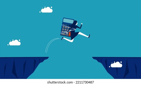 Overcome financial and accounting risks and obstacles. businesswoman with a calculator jumps over the gap