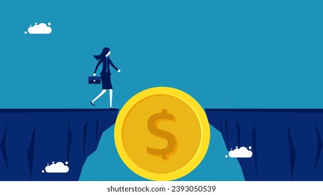 Overcome financial risks. Businesswoman crossing coin bridge 