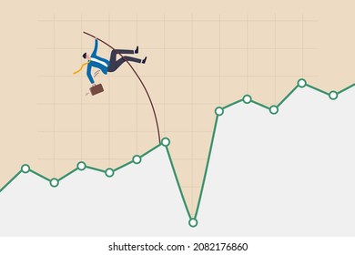 Overcome or get pass stock market down or crypto currency market drop, investment risk challenge or market volatility concept, confident businessman investor pole vault jump over market drop graph.