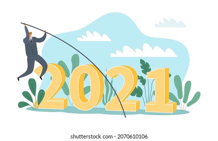 Overcome hard time year 2021. Businessman jumping over numbers with stick. Man surmounting difficulty. Office workers success. Vauter overcoming barriers. Vector people solving problems
