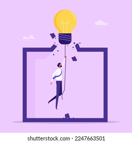 Overcome limits, challenge ideas and abilities, break the boundaries to freedom. Concept of overcoming barriers, goal, target. Businessman entrepreneur flying with lightbulb idea