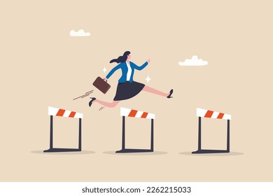 Overcome obstacle or challenge, success journey or aspirations, determination, progress or effort to overcome difficulty concept, confidence businesswoman entrepreneur jumping over series of hurdles.