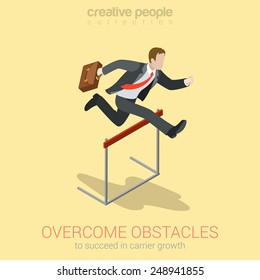 Overcome obstacle crisis risk avoid business problem trouble concept flat 3d web isometric infographic vector. Businessman jump over earth ground crack rift. Creative people collection.