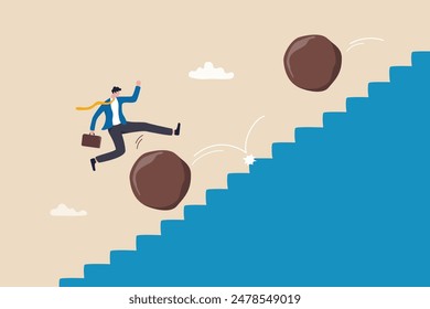 Overcome obstacle, effort or adversity for business growth, difficulty, challenge to win competition, skill or leadership concept, businessman jump over falling boulder to climb up stair of success.