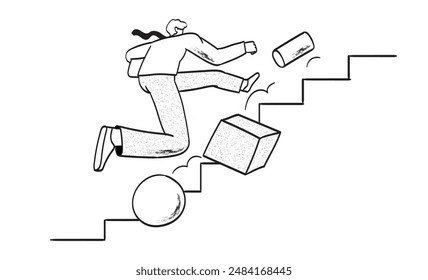 Overcome obstacle, effort or adversity for business growth, difficulty, challenge to win competition, skill or leadership. Businessman jump over falling abstract shapes to climb up stair of success. 