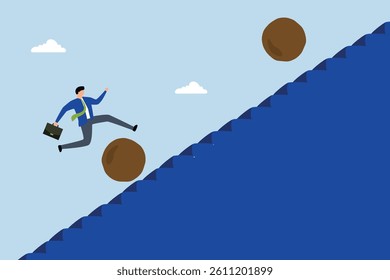 Overcome obstacle, entrepreneur leaps over tumbling rock to ascend staircase of achievement. 